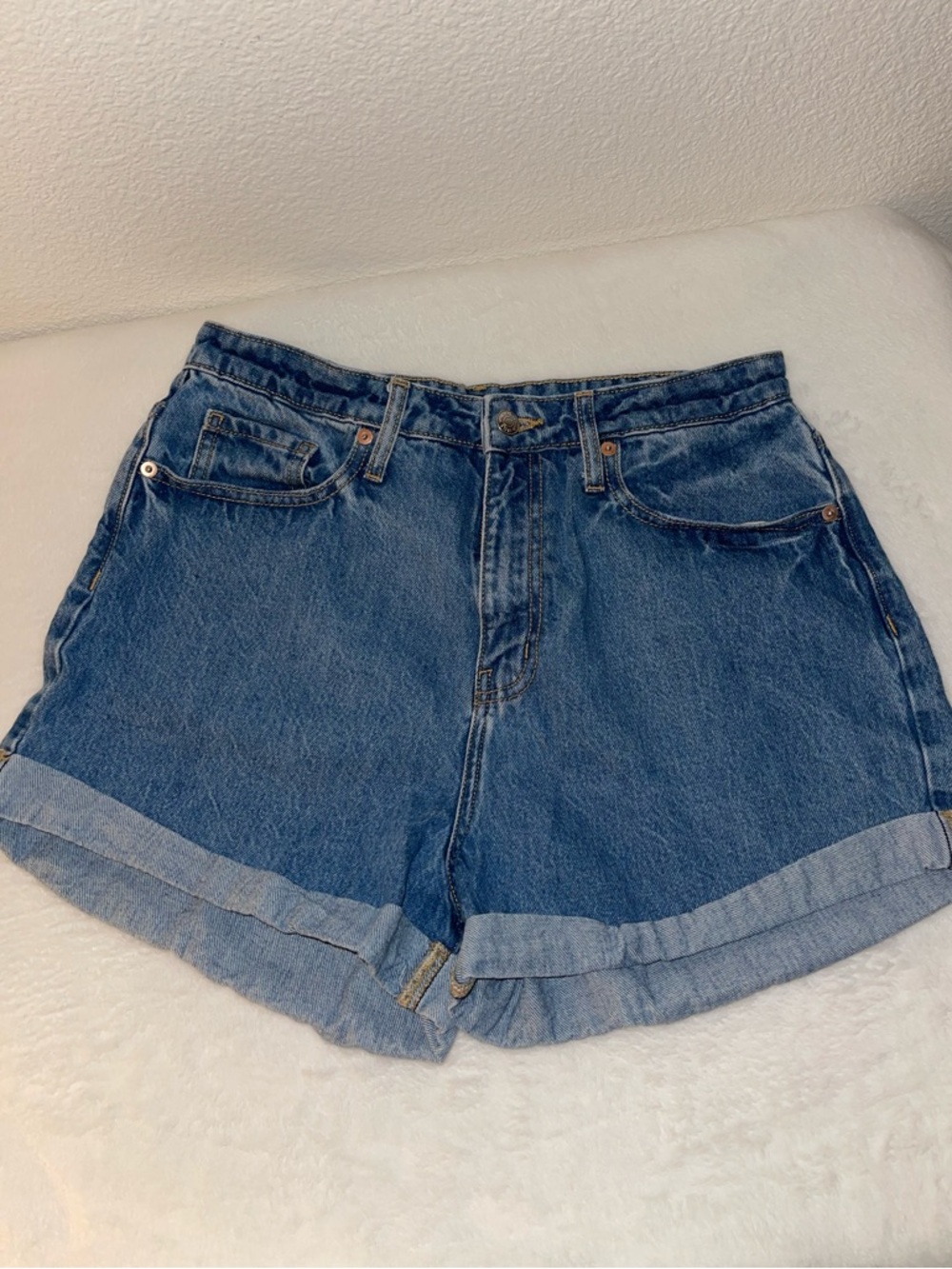 CLOSET CLOSEOUT SALE - Wild Fable HAPPY Blue High-Rise Rolled Hem Denim Shorts